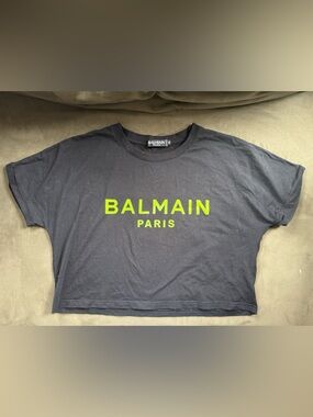 Balmain size medium Black neon green logo cropped tee shirt